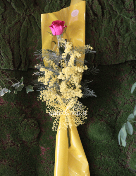 1 rosa colorata 50 cm più mimosa 